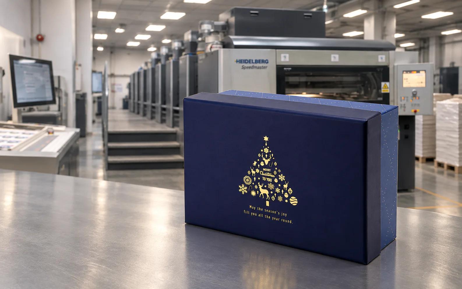 Deep navy BXL-TDH-046 rigid gift box with gold foil finish displayed in front of an offset printing press